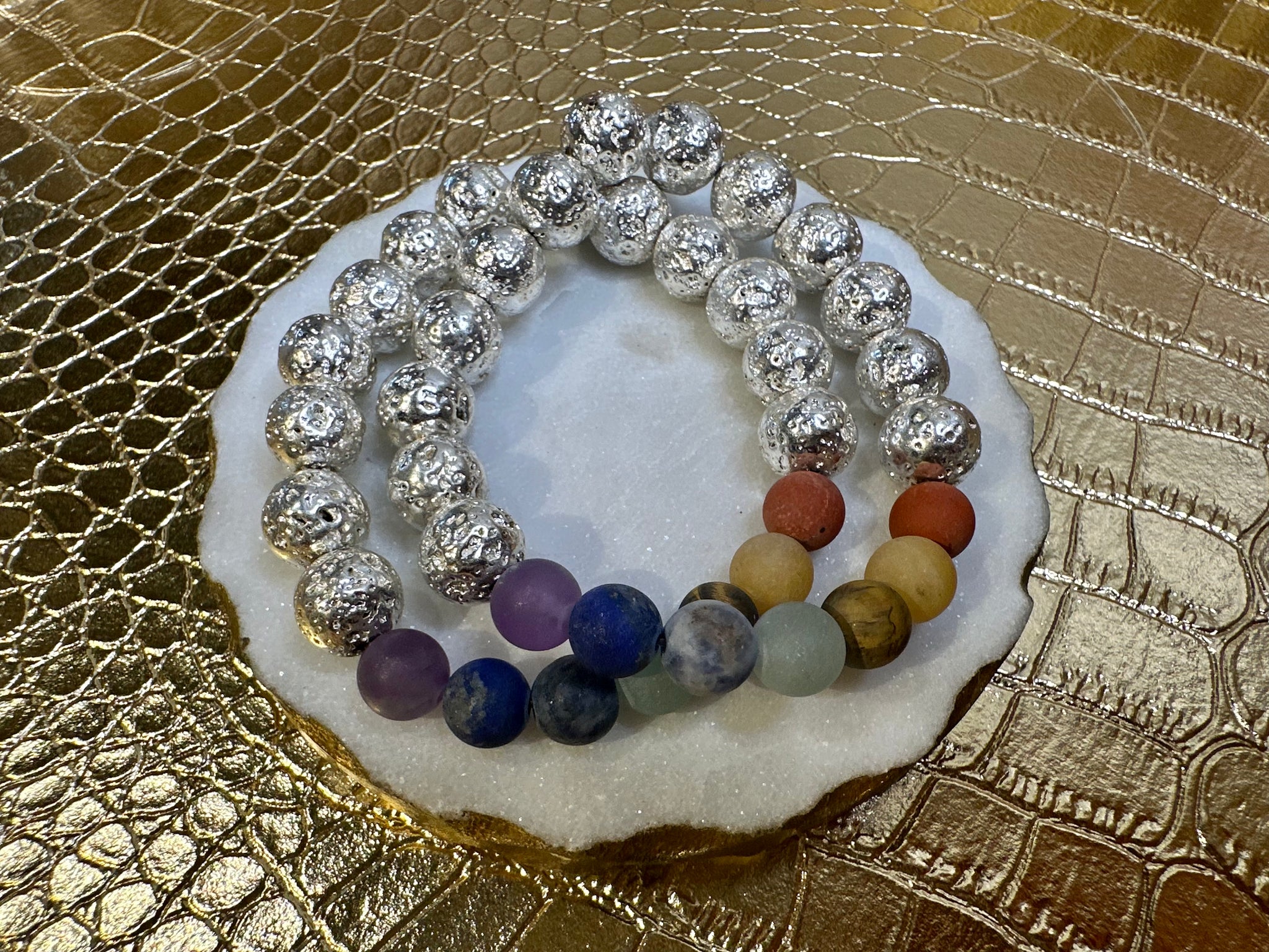 SEVEN CHAKRAS + SILVER METALLIC LAVA BEADS | BRACELET