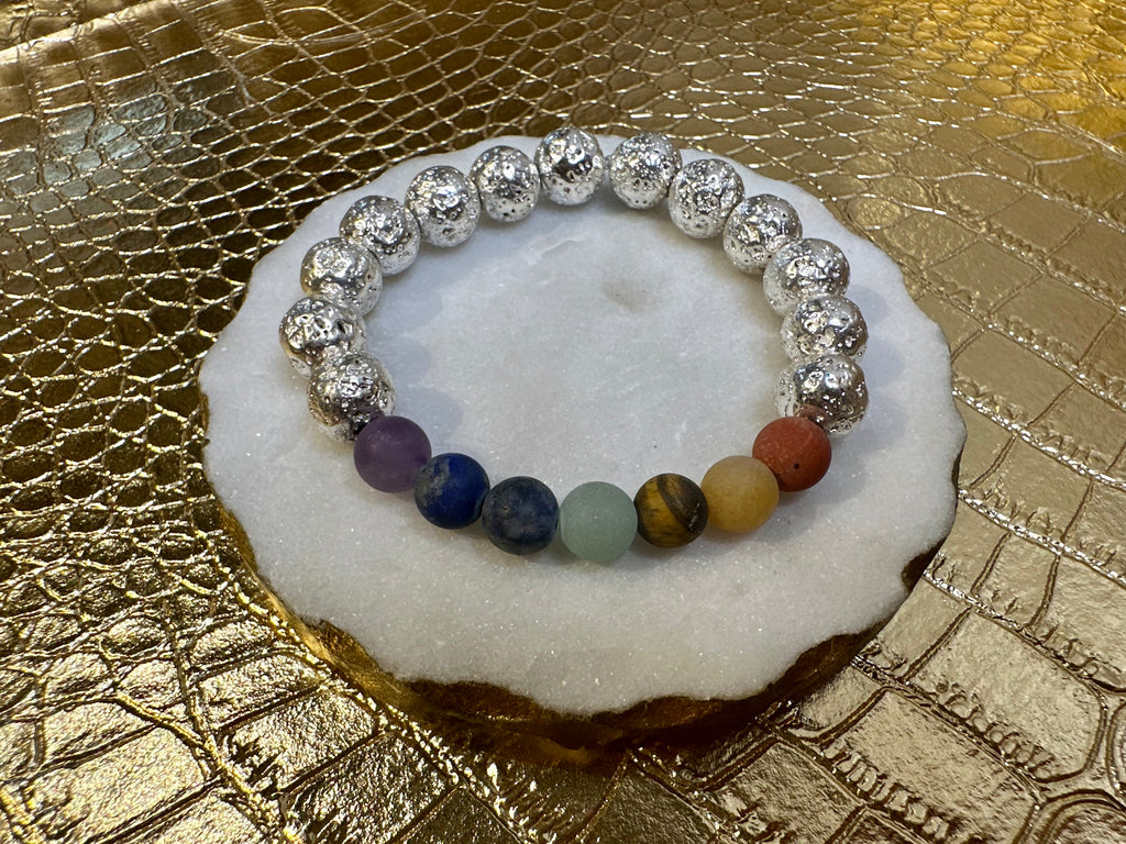SEVEN CHAKRAS + SILVER METALLIC LAVA BEADS | BRACELET