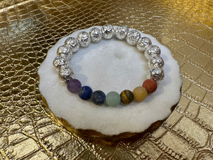 SEVEN CHAKRAS + SILVER METALLIC LAVA BEADS | BRACELET