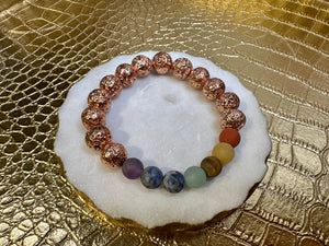 SEVEN CHAKRAS + ROSE GOLD METALLIC LAVA BEADS | BRACELET