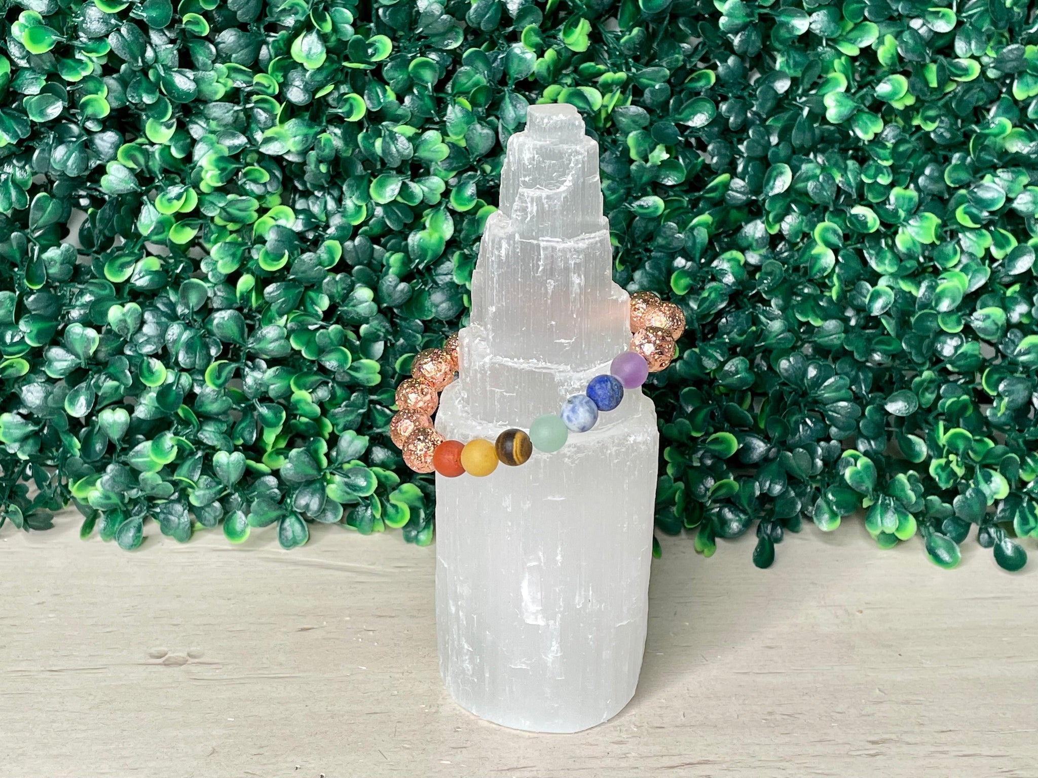 SEVEN CHAKRAS + ROSE GOLD METALLIC LAVA BEADS | BRACELET